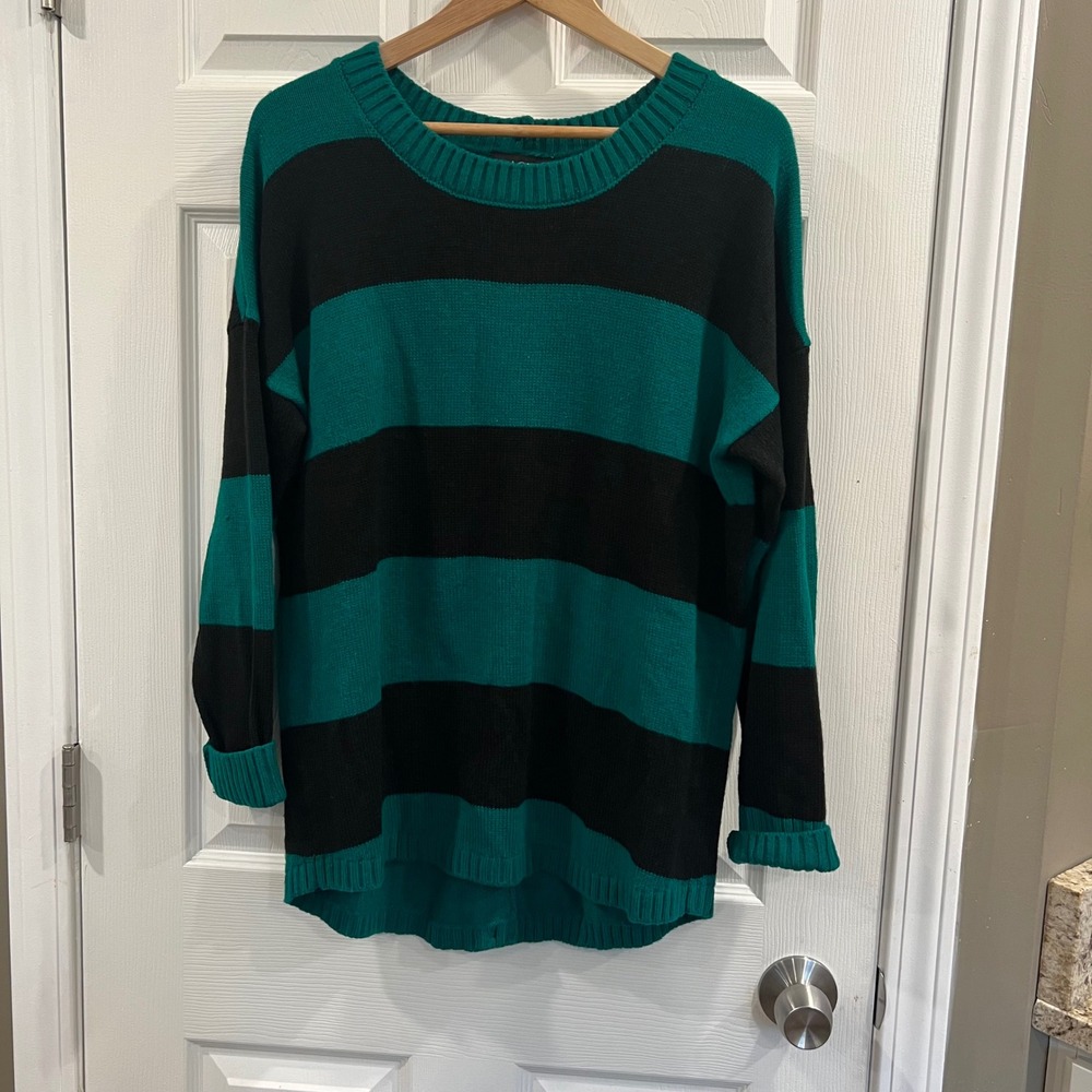 AGB Women Teal Green Black Striped Button Back Knit Sweater Size Large 0479A3C